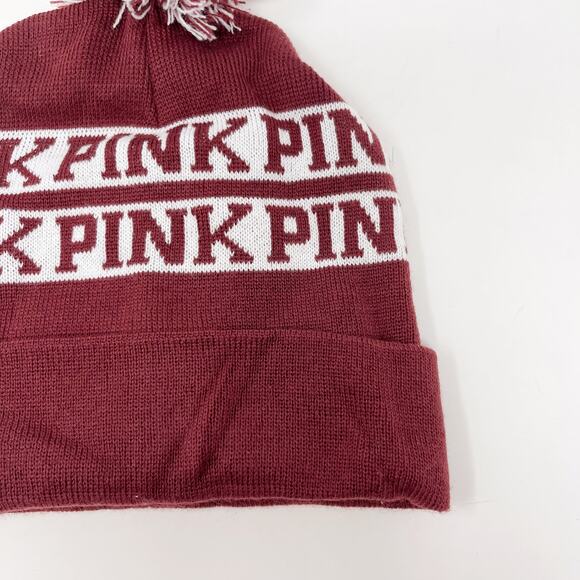 Victorias Secret PINK Burgundy Red White Pom Pom Beanie Hat Foldover Winter Cozy - Picture 4 of 7